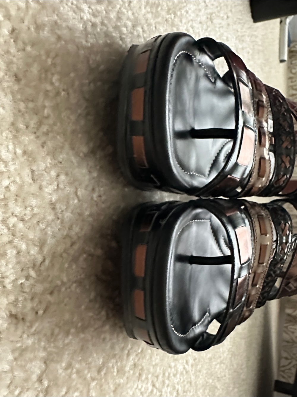 Donald J. Pliner Black and Brown Multi-Strap Wedge Slides - Picture 5 of 9